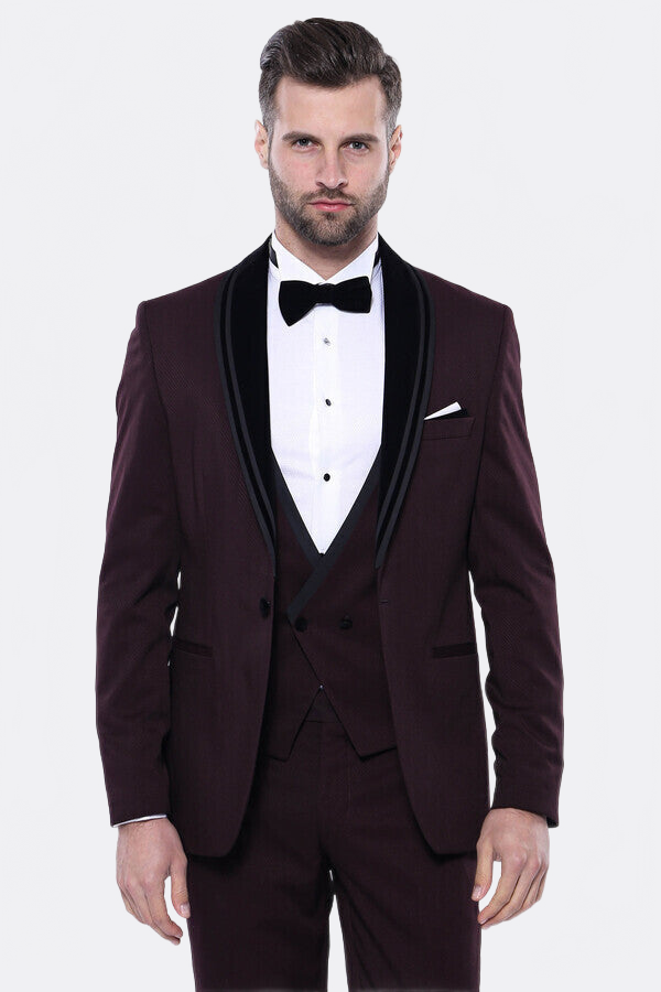 Detachable Velvet Lapel Burgundy Tuxedo - Wessi
