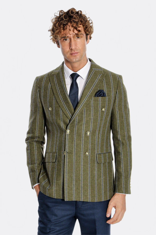 Wide Lapel Striped Double Breasted Green Men Blazer - Wessi