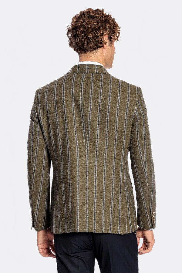 Wide Lapel Striped Double Breasted Green Men Blazer - Wessi