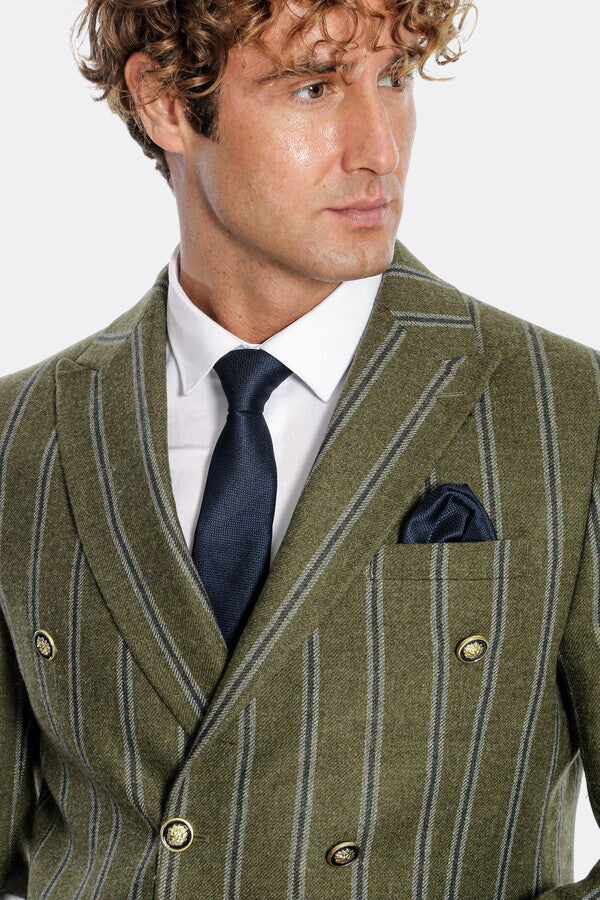 Wide Lapel Striped Double Breasted Green Men Blazer - Wessi