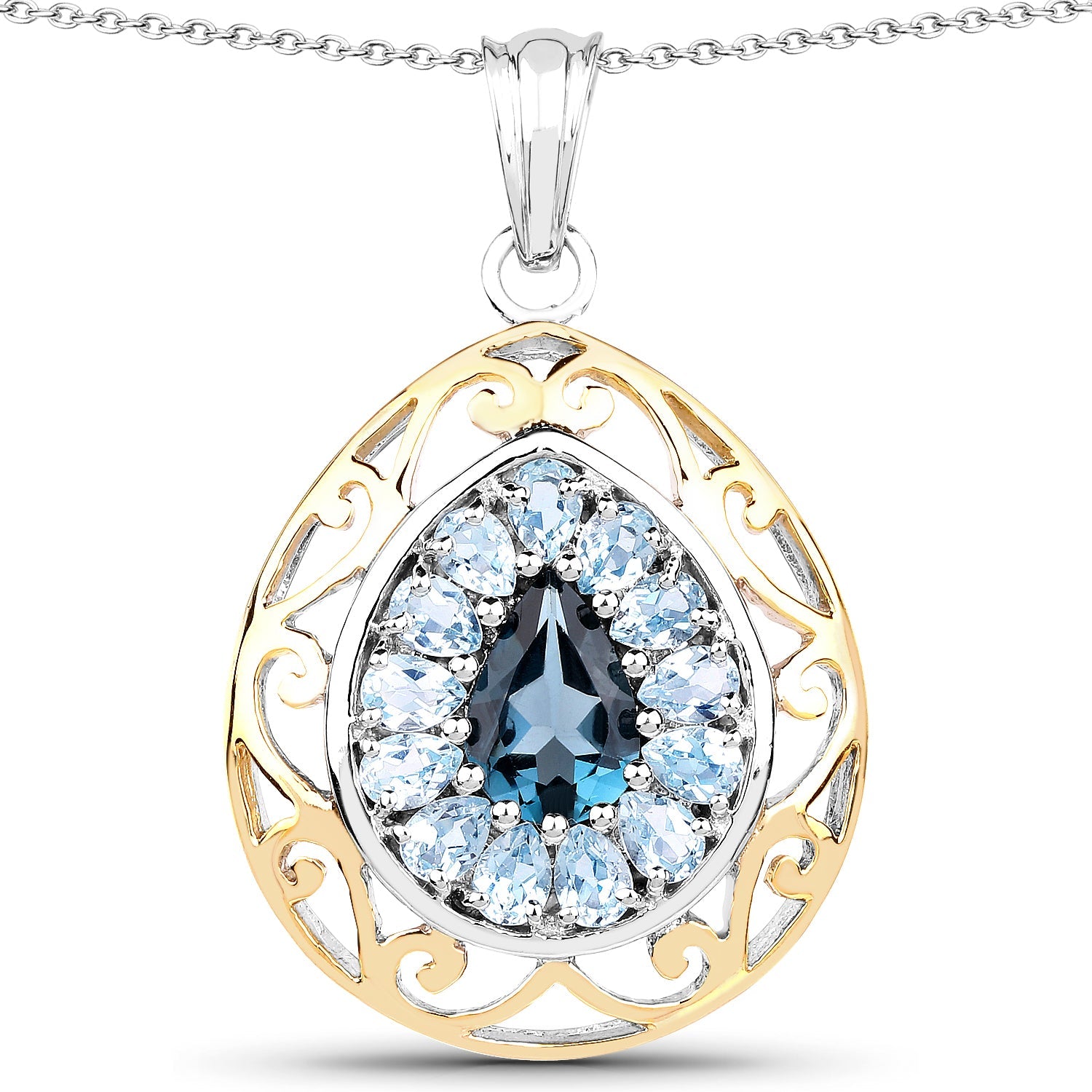 18K Yellow Gold Plate 4.44 Carat Genuine London Blue Topaz & Blue Topaz .925 Sterling Silver Pendant