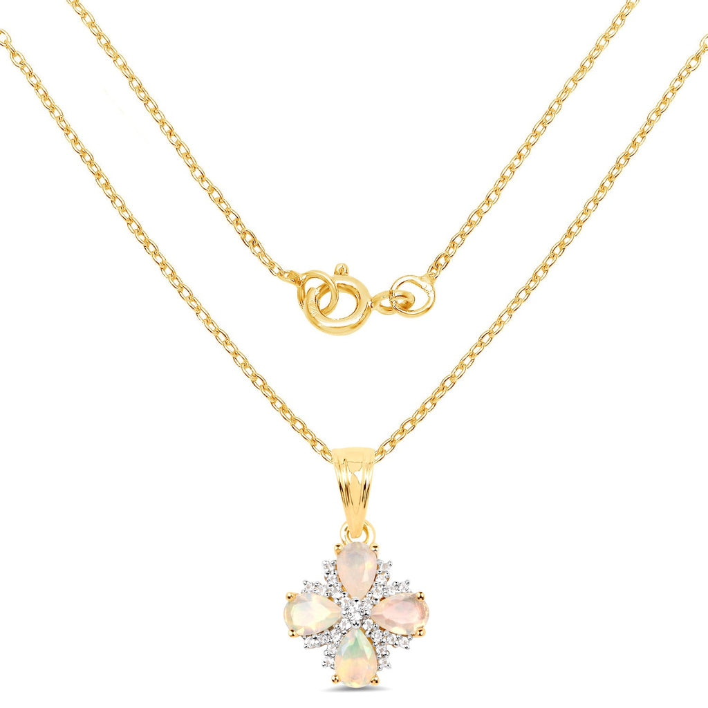 14K Yellow Gold Plated 1.19 Carat Genuine Ethiopian Opal & White Topaz .925 Sterling Silver Pendant