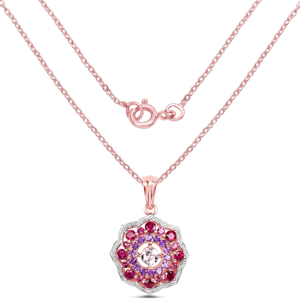 14K Rose Gold Plated 2.30 Carat Genuine Morganite, Rhodolite & Amethyst .925 Sterling Silver Pendant