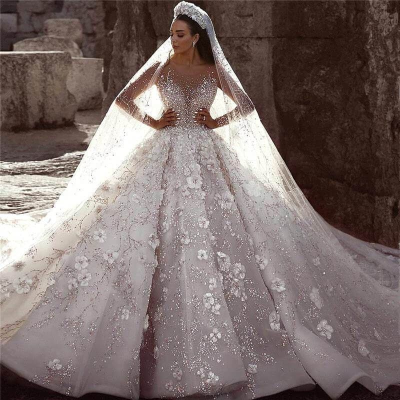 Luxury Bead Lace Wedding Gown with 3D Floral Design