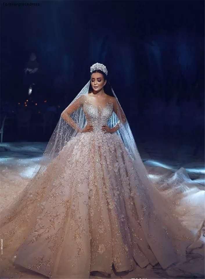 Luxury Bead Lace Wedding Gown with 3D Floral Design