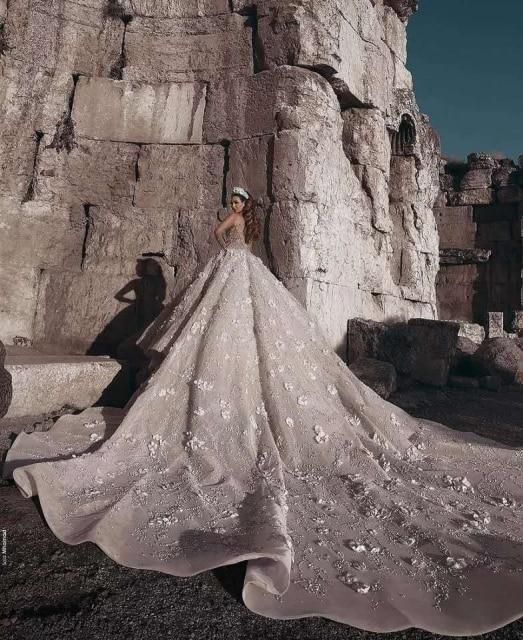 Luxury Bead Lace Wedding Gown with 3D Floral Design