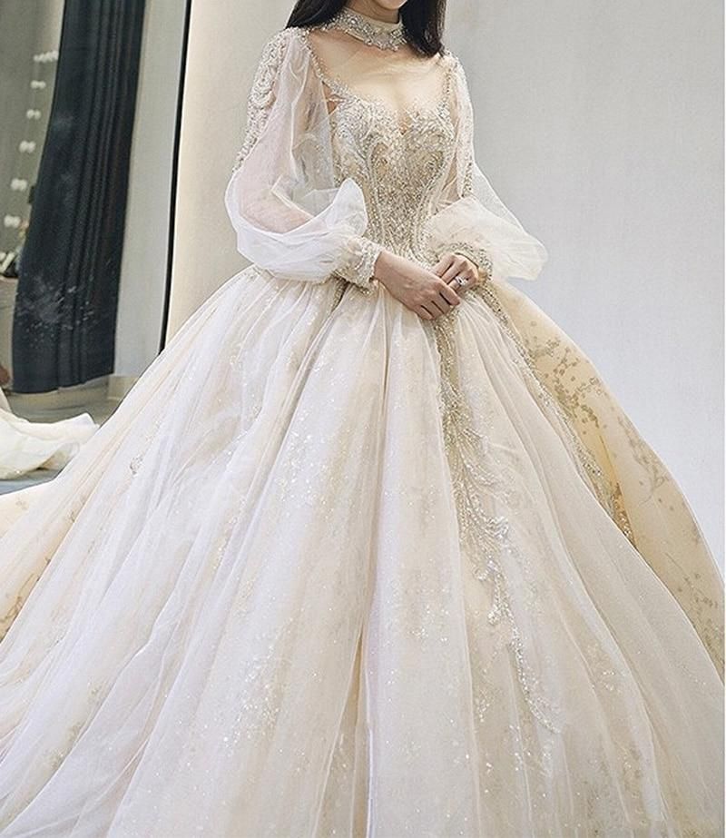 Luxury Court Train Wedding Gown with long sleeves EDW260