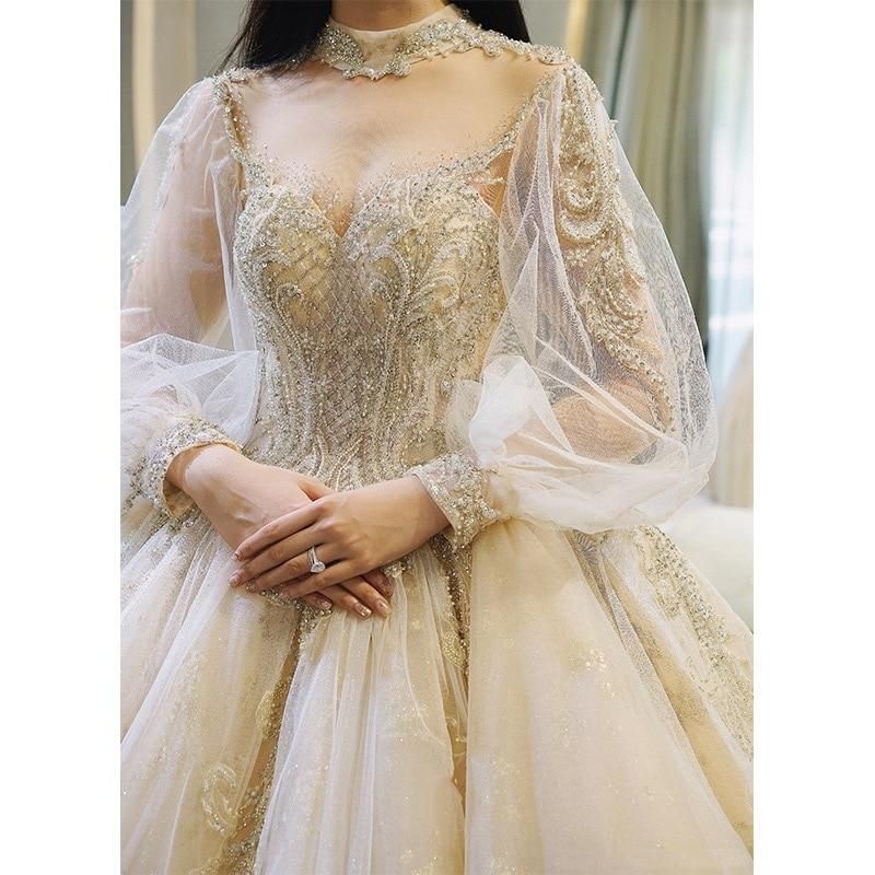 Luxury Court Train Wedding Gown with long sleeves EDW260