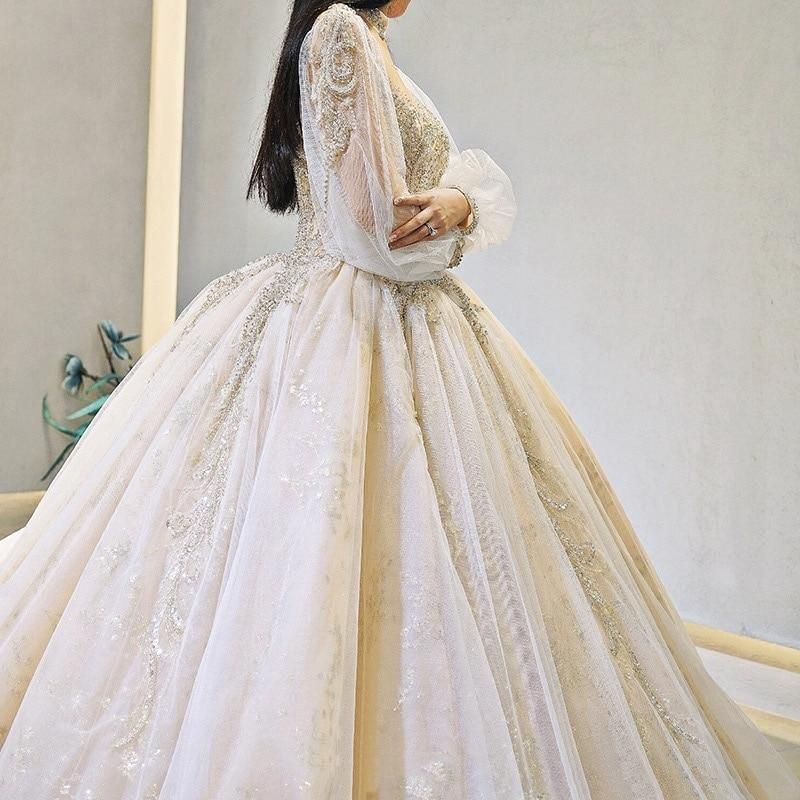 Luxury Court Train Wedding Gown with long sleeves EDW260