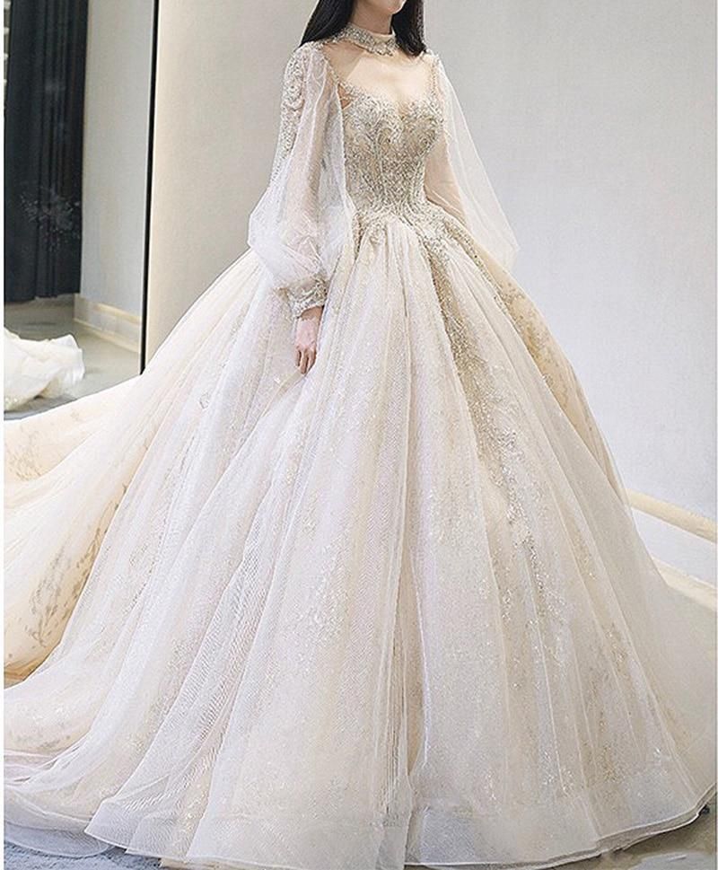 Luxury Court Train Wedding Gown with long sleeves EDW260