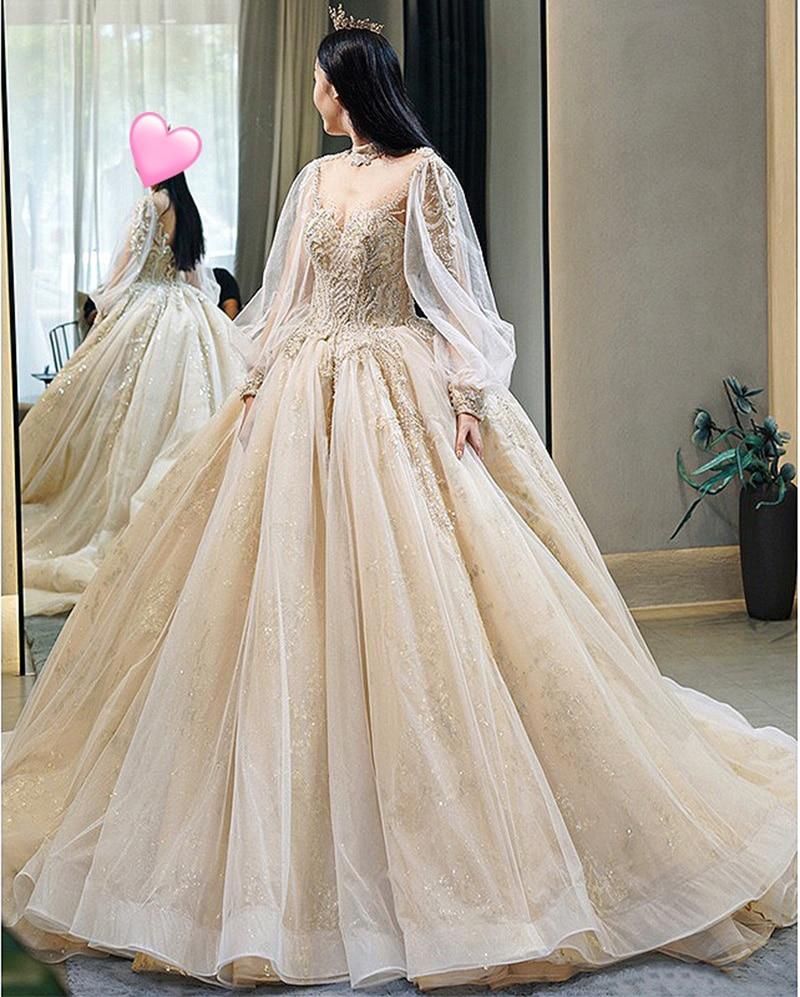 Luxury Court Train Wedding Gown with long sleeves EDW260