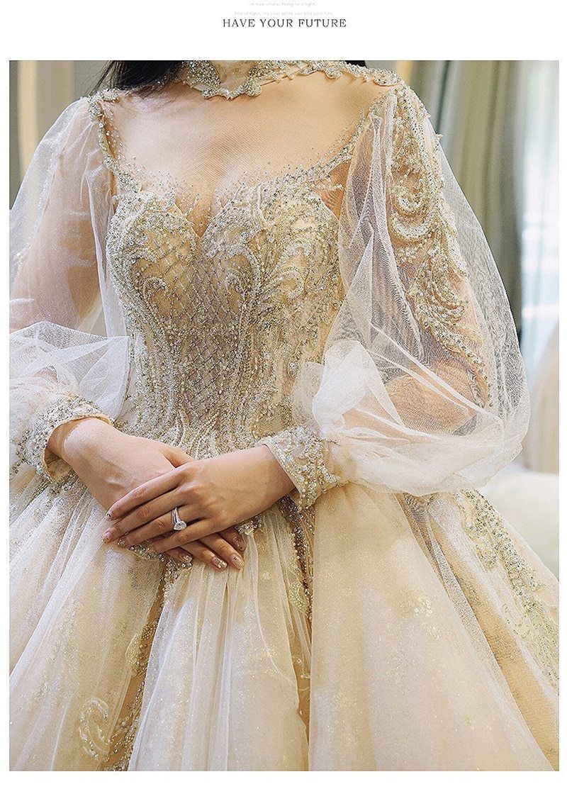 Luxury Court Train Wedding Gown with long sleeves EDW260