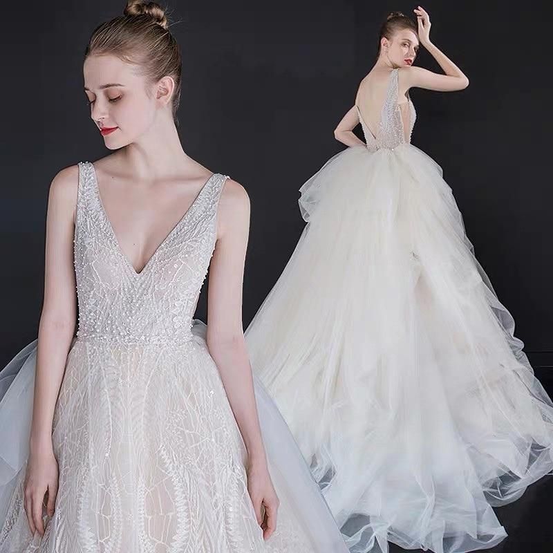Luxury Wedding Dress Backless with Pearl Beads