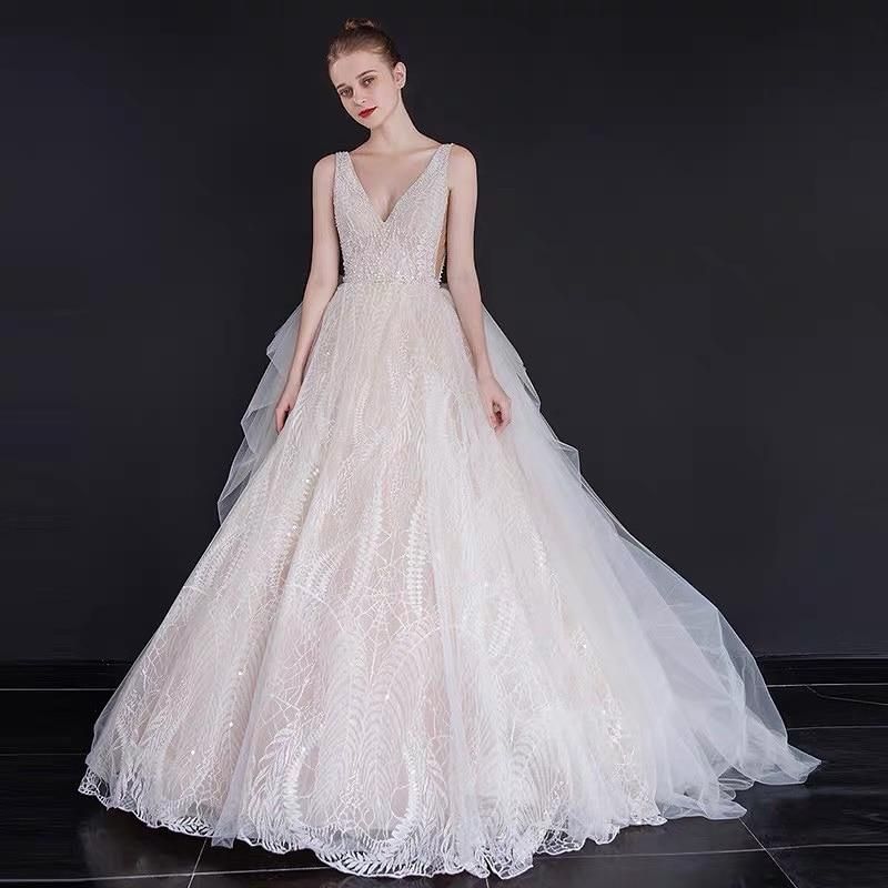 Luxury Wedding Dress Backless with Pearl Beads