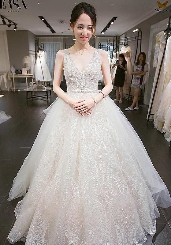Luxury Wedding Dress Backless with Pearl Beads