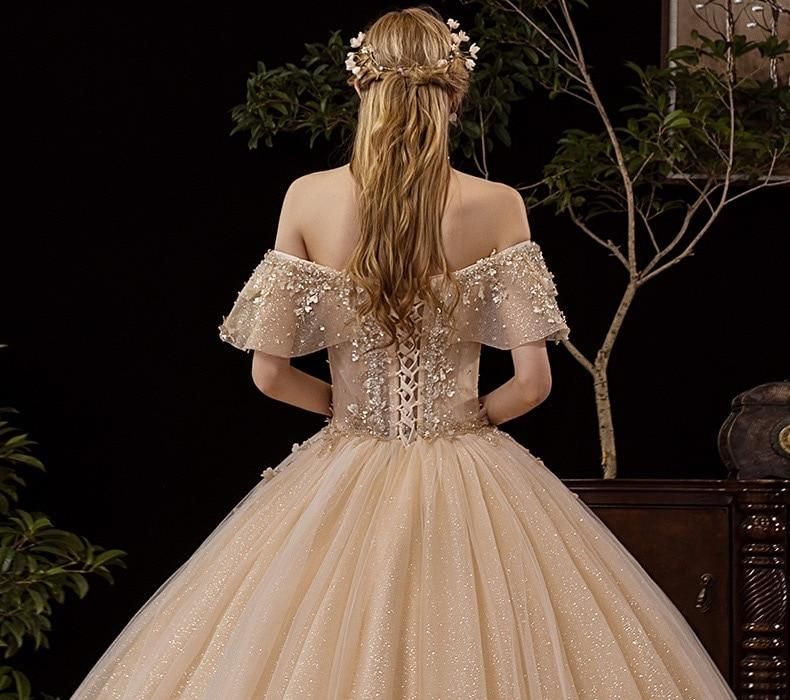 Shiny Vintage Wedding Dresses Off Shoulder with Crystal Bead