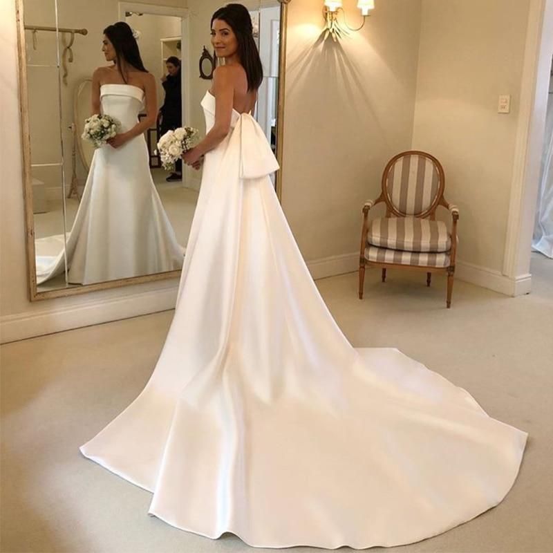 Satin A-line Wedding Dresses Strapless with Chapel Train EDL690