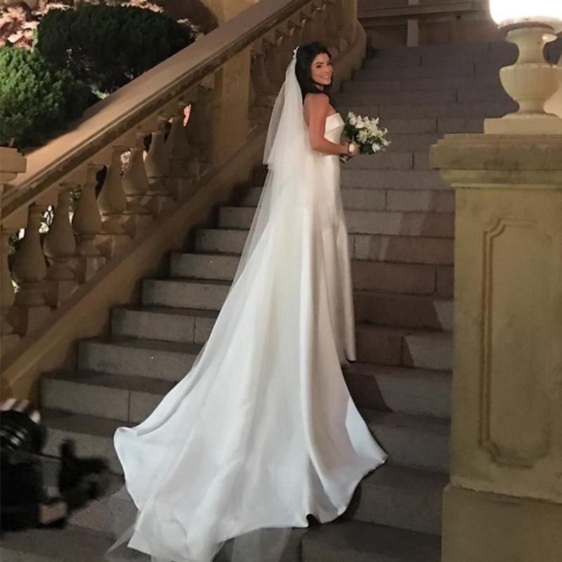 Satin A-line Wedding Dresses Strapless with Chapel Train EDL690