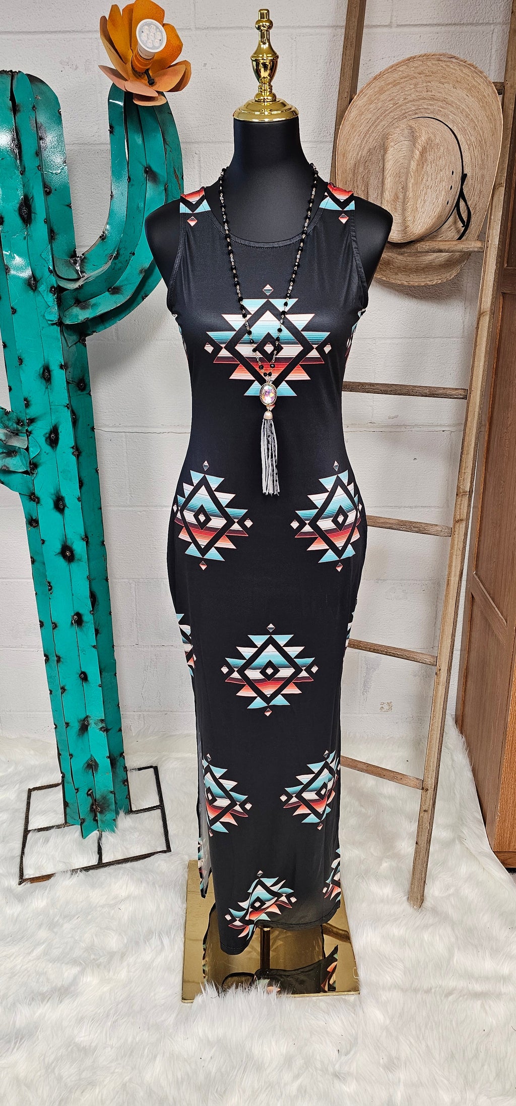 Baha Ranch Southwestern Aztec Sleeveless Bodycon Side Slit Western Maxi Dress