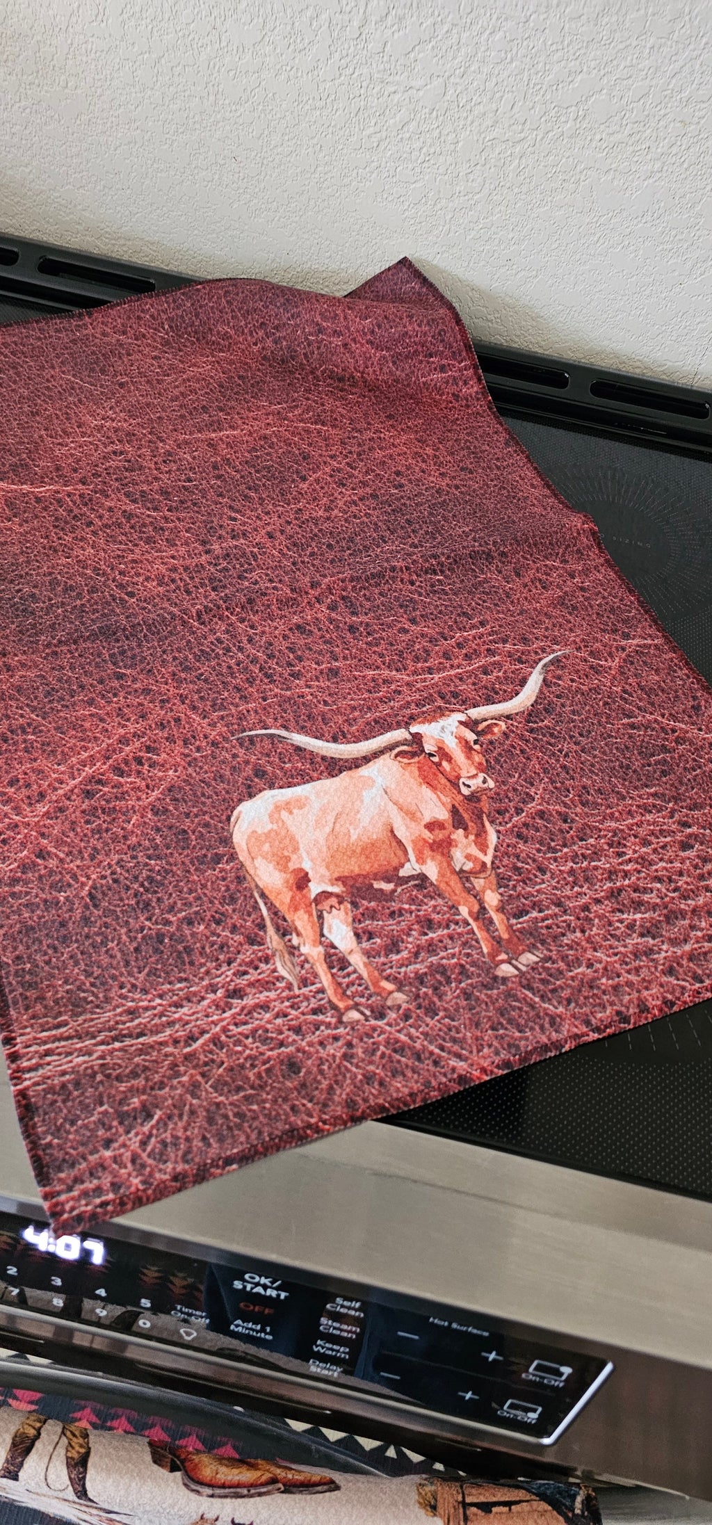 Baha Ranch Monogrammed Initial Western Leather Look Saddle Longhorn Cowboy Cowgirl Kitchen Dish Towels Made in America