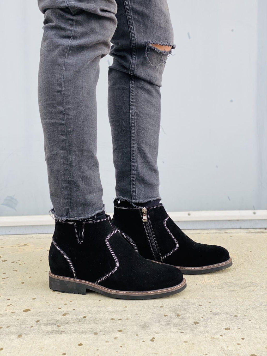 CALTO - Y41082 - 3.2 Inches Taller (Nubuck Black) - Zipper Boots