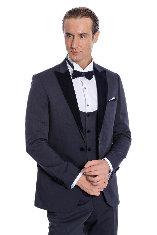 Velvet Lapel Slim Fit Navy Blue Men Tuxedo - Wessi