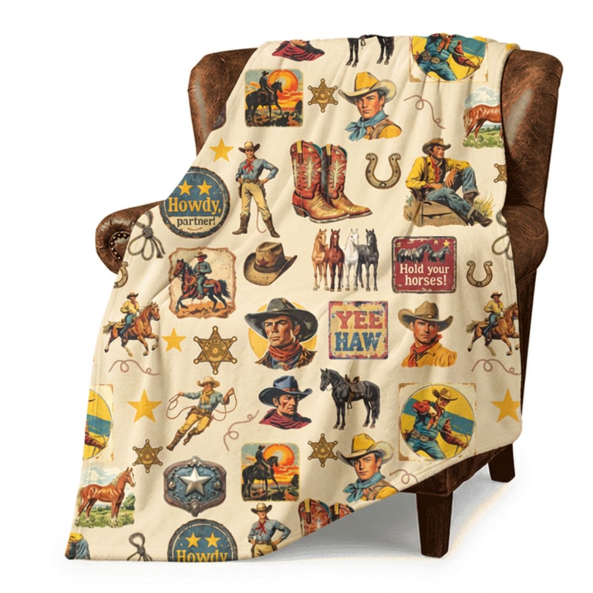 Baha Ranch Vintage Cowboy Collage Ultra-Soft Micro Fleece Blanket 60" x 80" Made in America