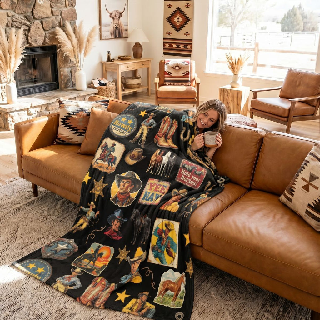 Baha Ranch Vintage Cowboy Collage Western Ultra Soft Minky Throw Blanket 60" x 80" Made in America